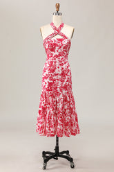 Meerjungfrau Neckholder Bedrucktes Rotes Blume Midi Hochzeitsgastkleid